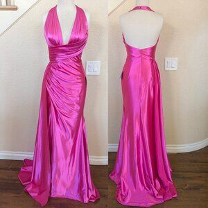 Fuchsia Pink Halter Satin Formal Prom Dress 2